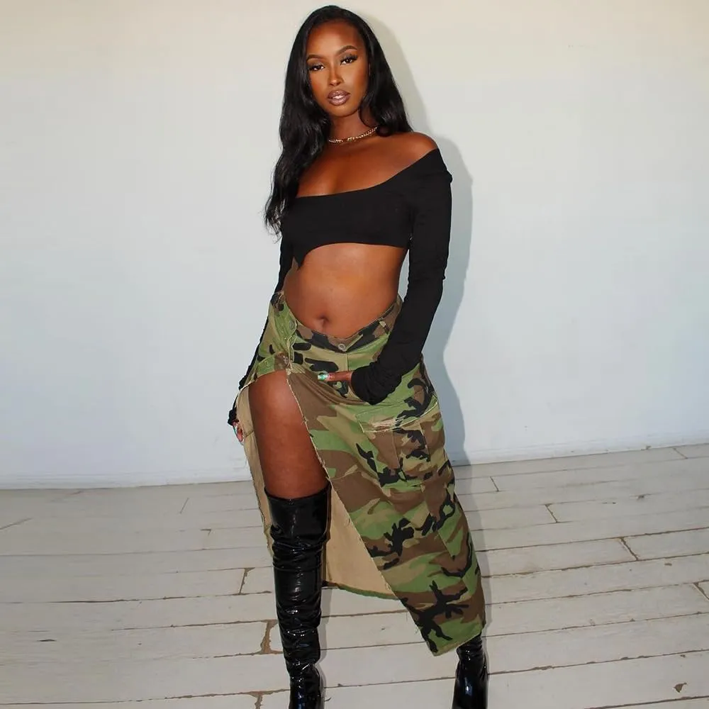 Cargo Mini Skirt - Sexy Camo With High Split for Women, Green Summer Camouflage Denim
