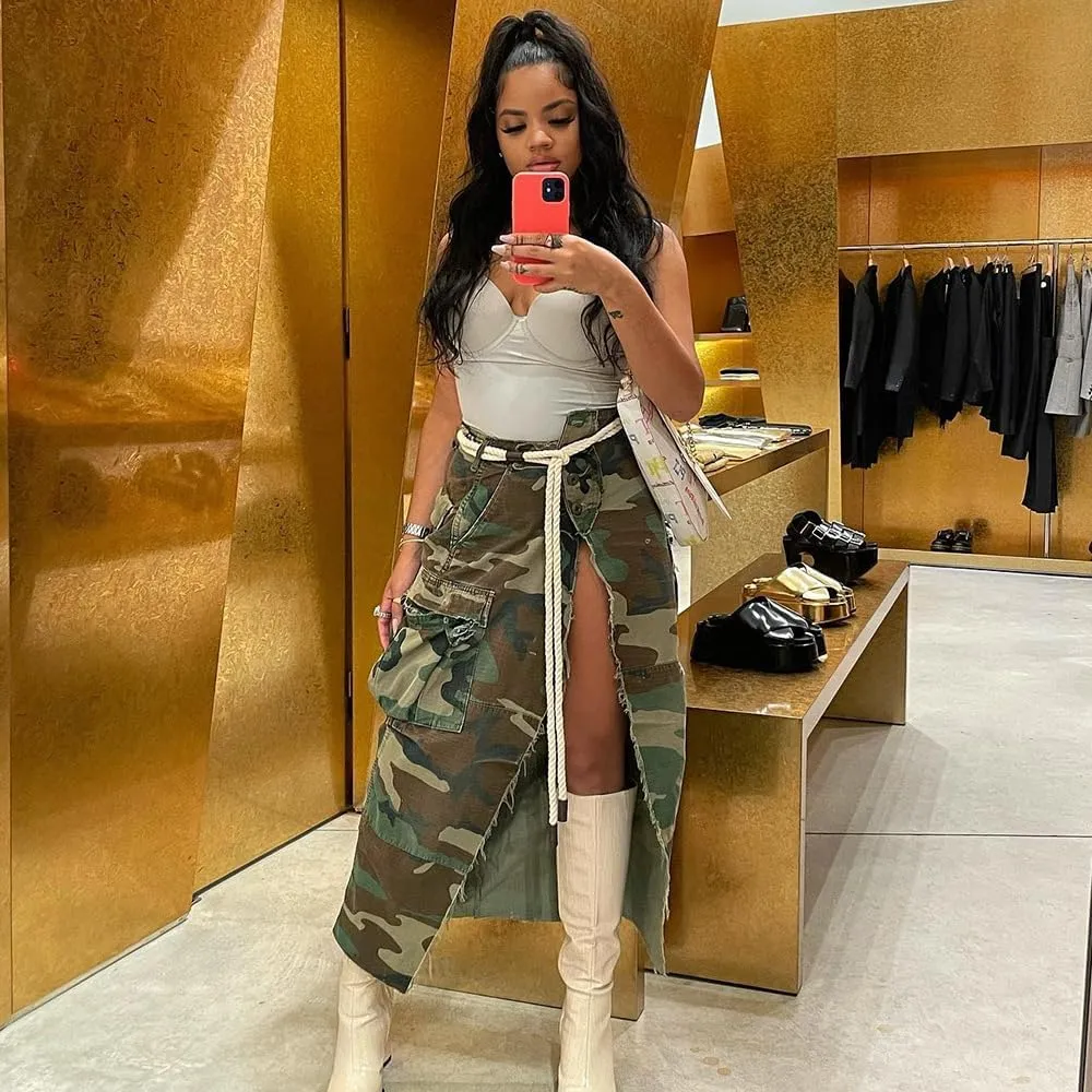 Cargo Mini Skirt - Sexy Camo With High Split for Women, Green Summer Camouflage Denim