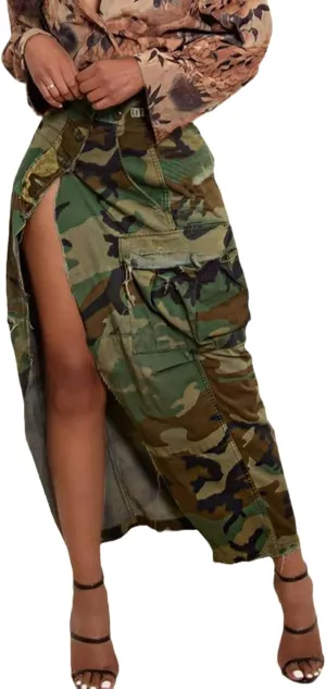 Cargo Mini Skirt - Sexy Camo With High Split for Women, Green Summer Camouflage Denim