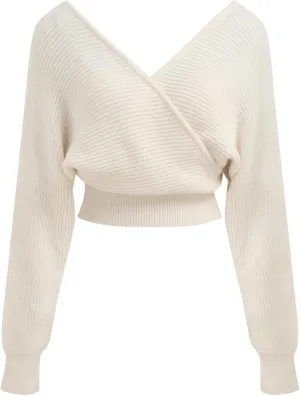 CIDER Cropped Sweaters for Women V Neck Wrap Cross Front Solid Knit Pullover Long Sleeve Tops