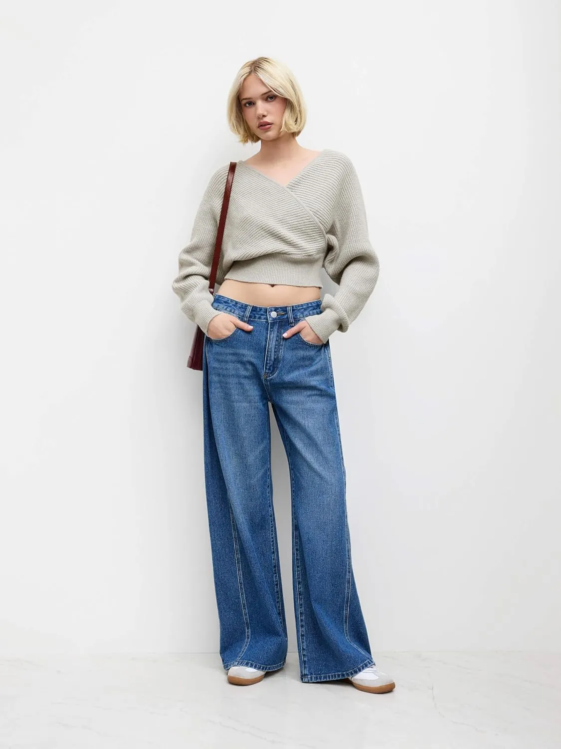 CIDER Cropped Sweaters for Women V Neck Wrap Cross Front Solid Knit Pullover Long Sleeve Tops