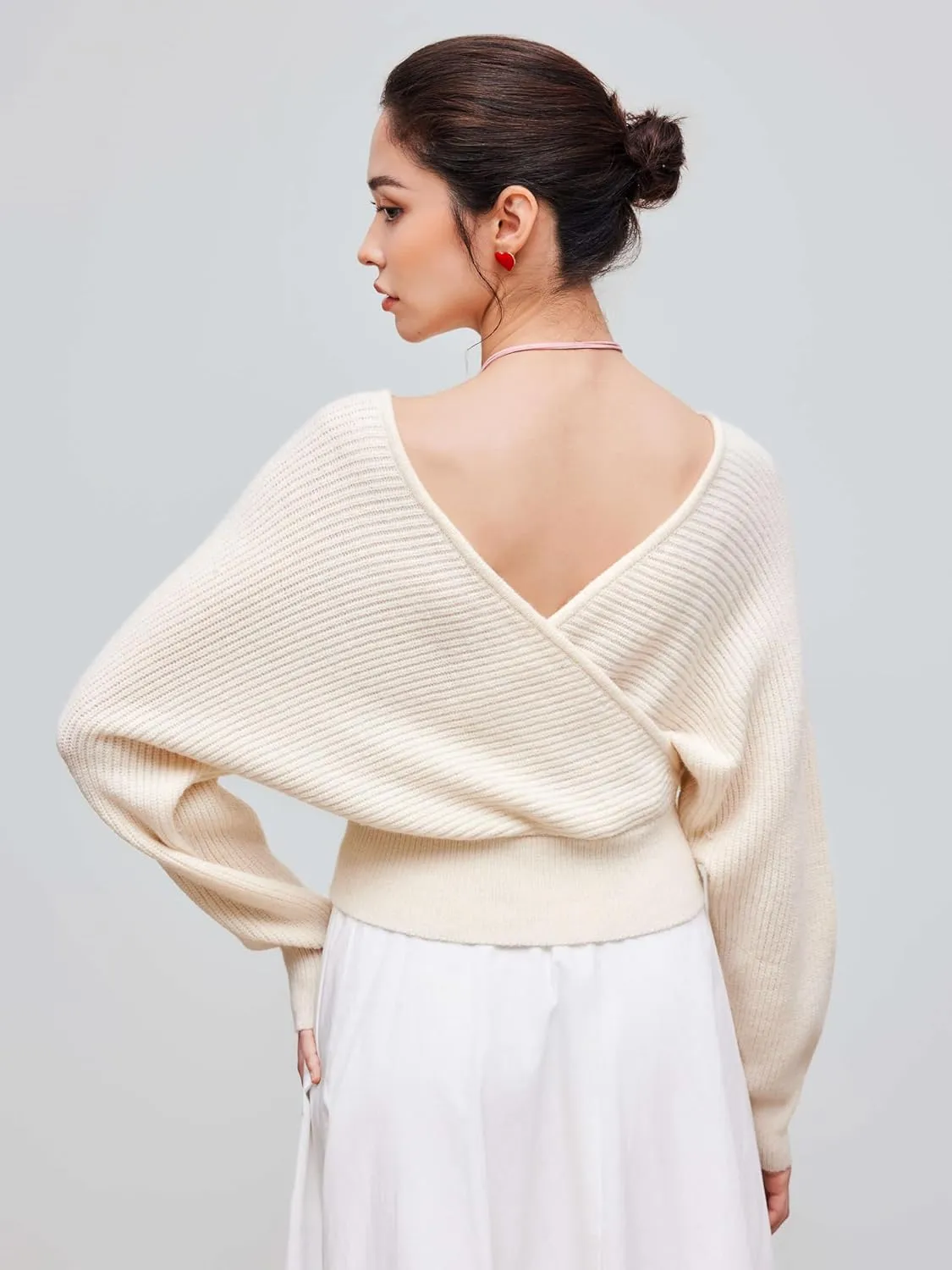 CIDER Cropped Sweaters for Women V Neck Wrap Cross Front Solid Knit Pullover Long Sleeve Tops