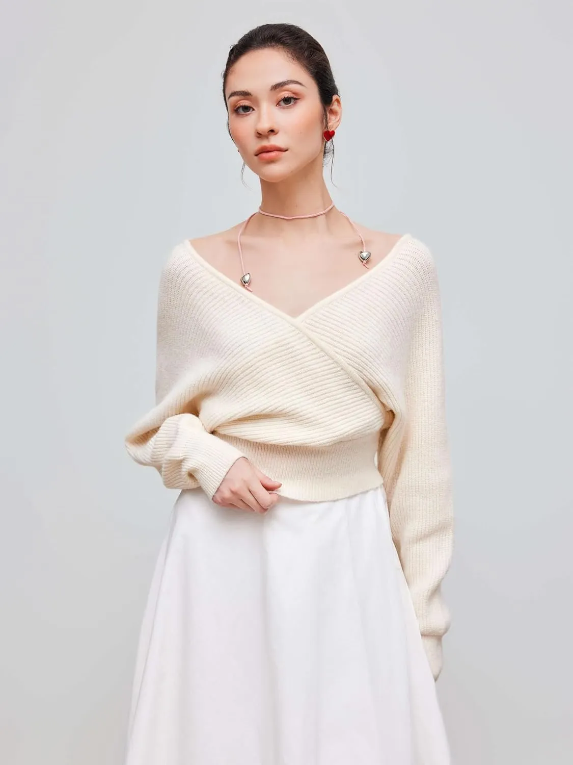 CIDER Cropped Sweaters for Women V Neck Wrap Cross Front Solid Knit Pullover Long Sleeve Tops