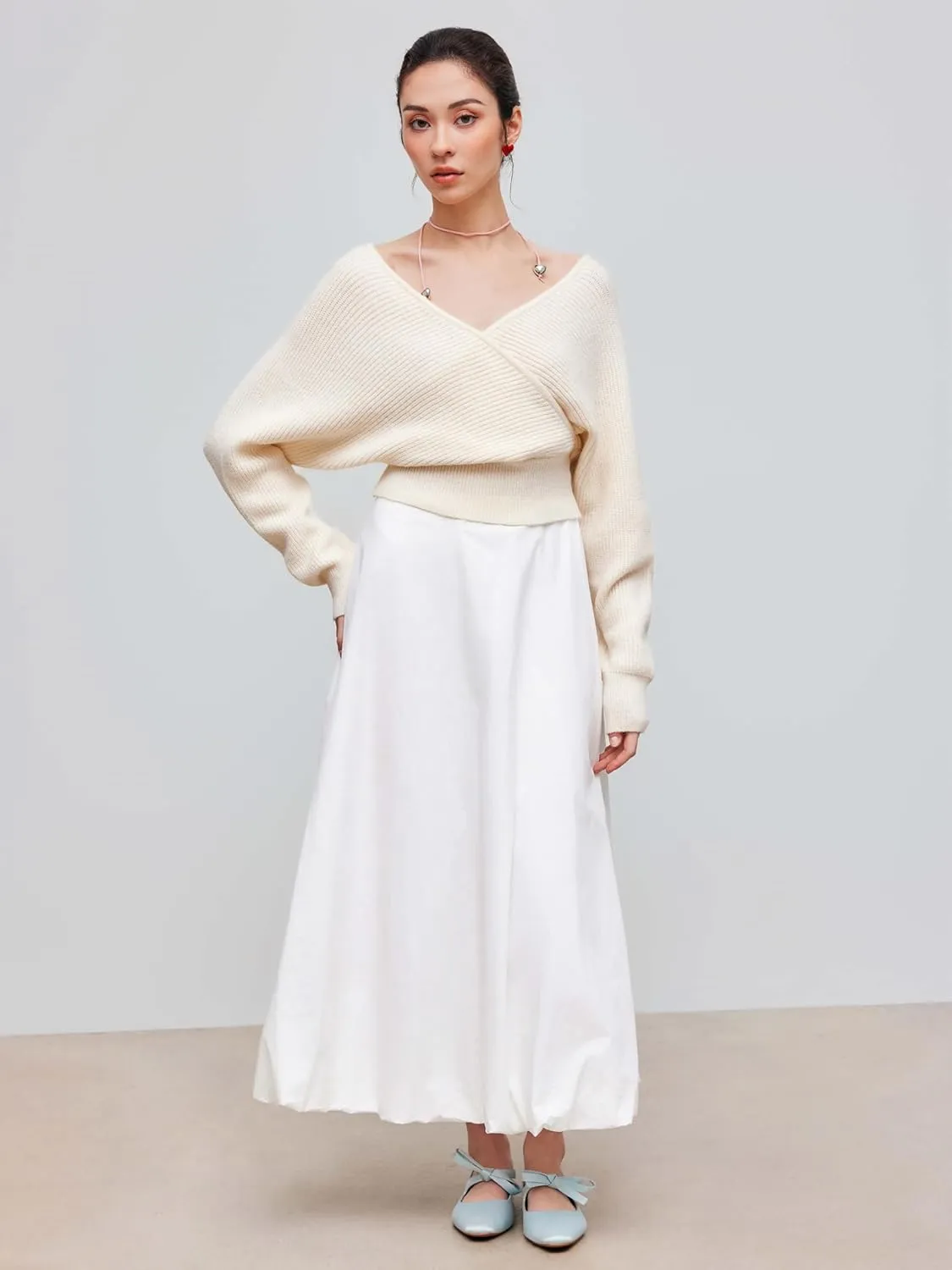 CIDER Cropped Sweaters for Women V Neck Wrap Cross Front Solid Knit Pullover Long Sleeve Tops
