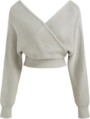 CIDER Cropped Sweaters for Women V Neck Wrap Cross Front Solid Knit Pullover Long Sleeve Tops