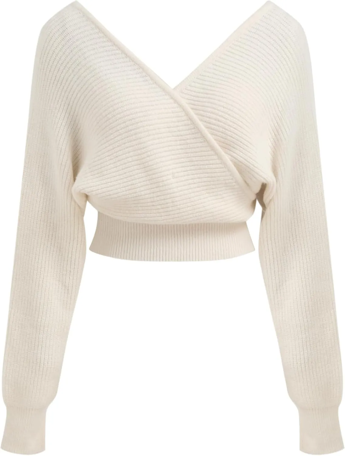 CIDER Cropped Sweaters for Women V Neck Wrap Cross Front Solid Knit Pullover Long Sleeve Tops