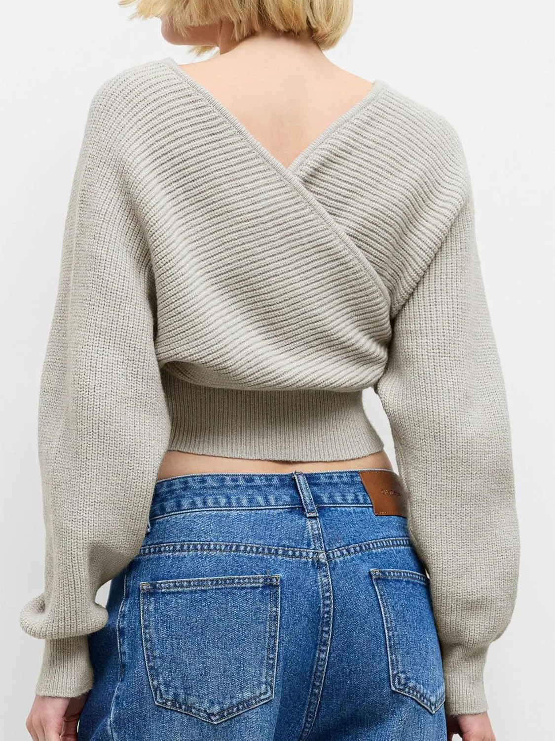 CIDER Cropped Sweaters for Women V Neck Wrap Cross Front Solid Knit Pullover Long Sleeve Tops