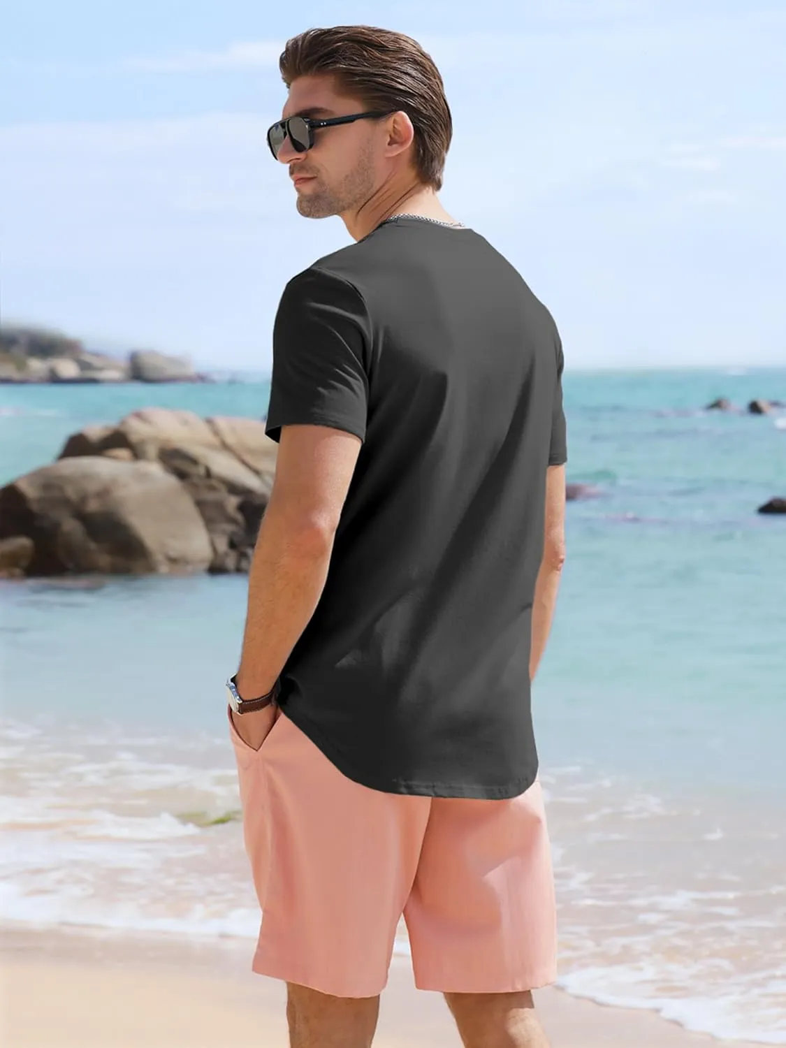 Comdecevis Mens 2 Pack Cotton Crewneck T-Shirts Hipster Hip Hop Longline Tees Shirts