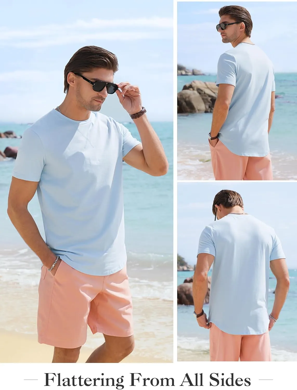 Comdecevis Mens 2 Pack Cotton Crewneck T-Shirts Hipster Hip Hop Longline Tees Shirts