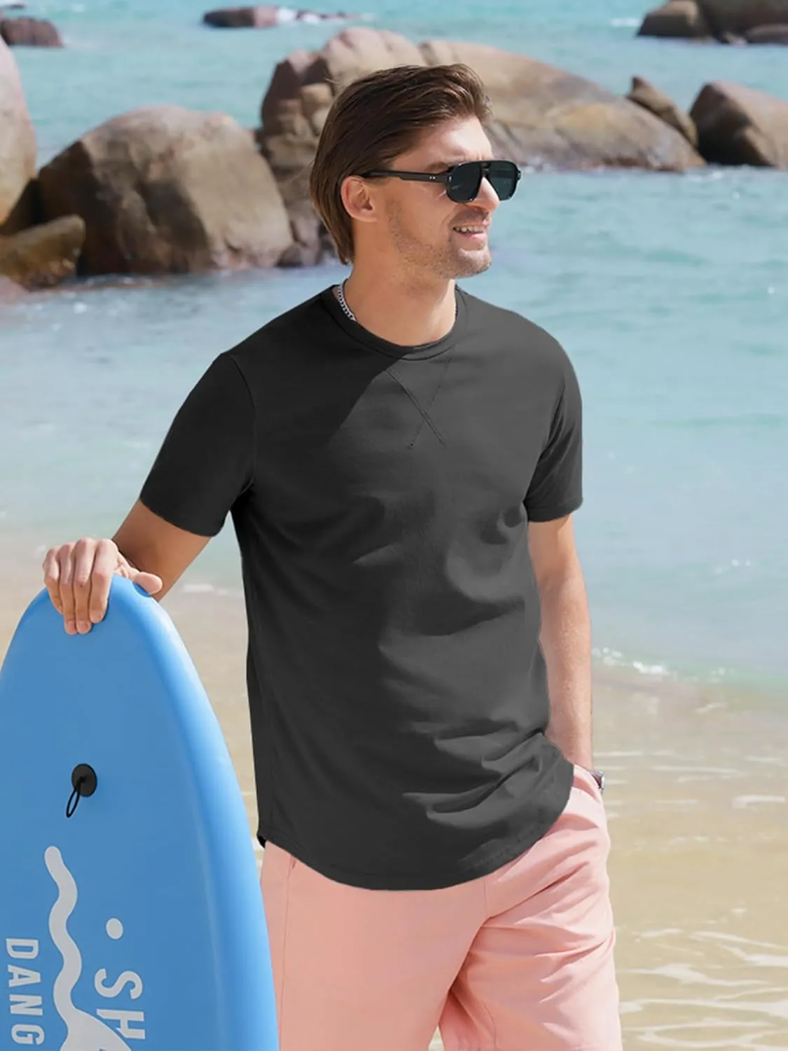 Comdecevis Mens 2 Pack Cotton Crewneck T-Shirts Hipster Hip Hop Longline Tees Shirts