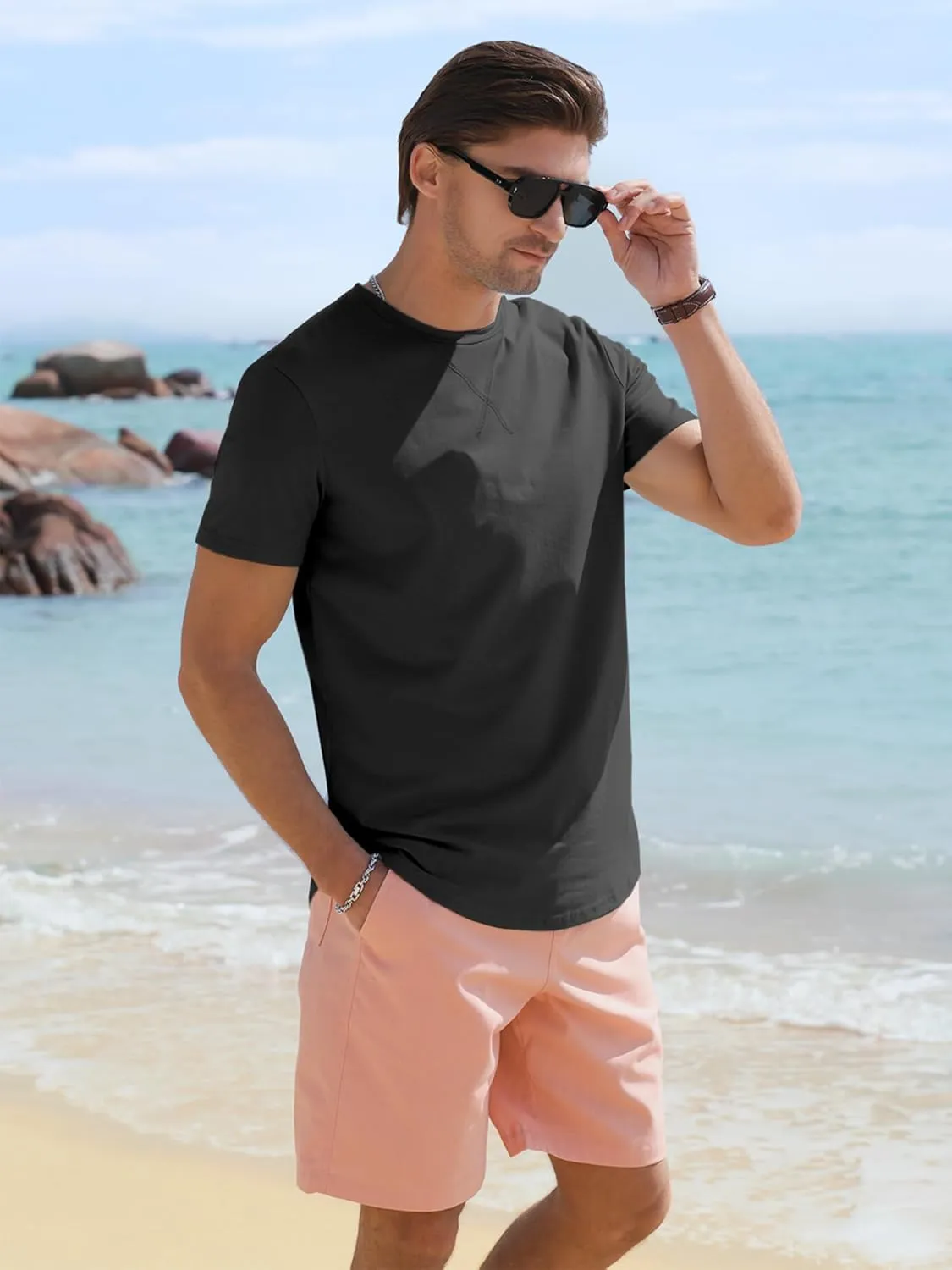 Comdecevis Mens 2 Pack Cotton Crewneck T-Shirts Hipster Hip Hop Longline Tees Shirts
