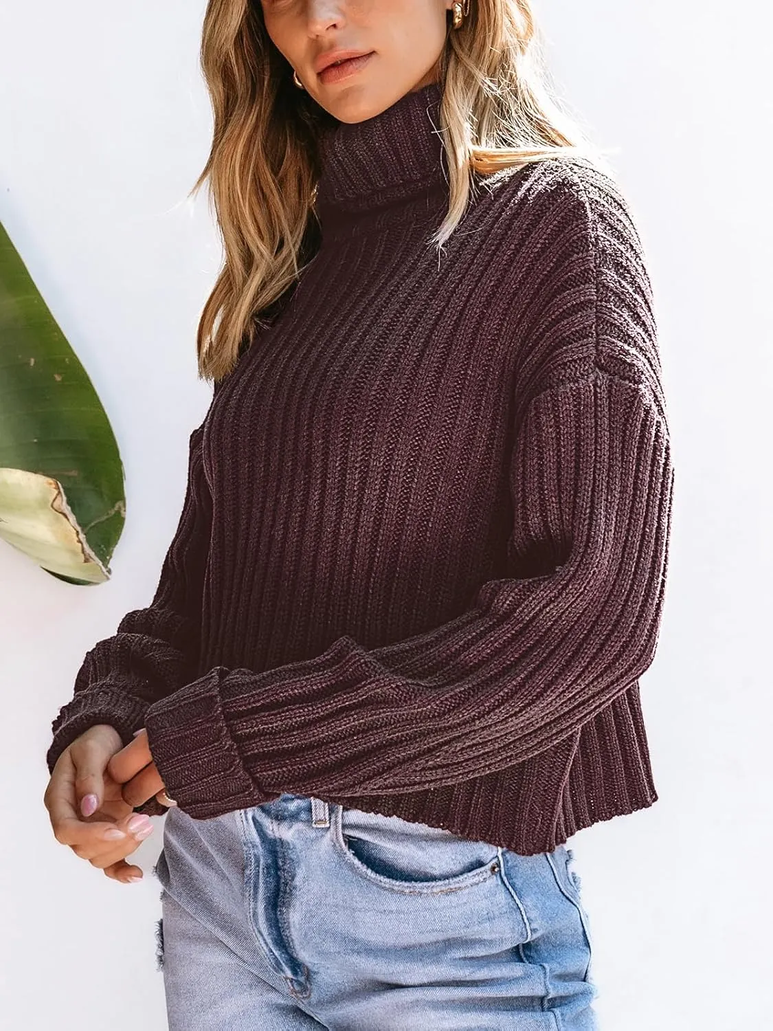 CUPSHE Women's Long Sleeve Sweater Ribbed Turtleneck 2024 Fall Chunky Knit Cropped Sweater Top