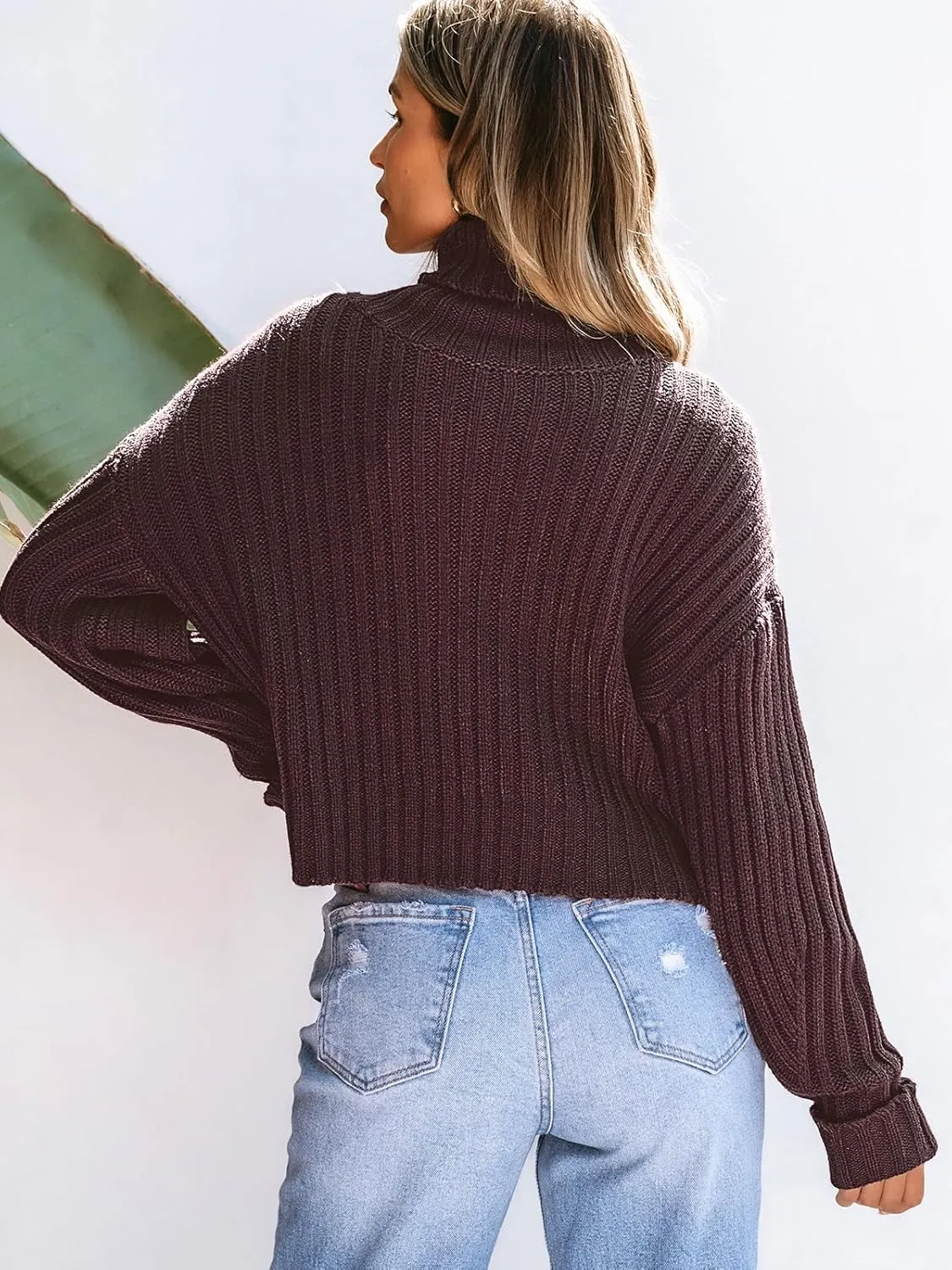 CUPSHE Women's Long Sleeve Sweater Ribbed Turtleneck 2024 Fall Chunky Knit Cropped Sweater Top