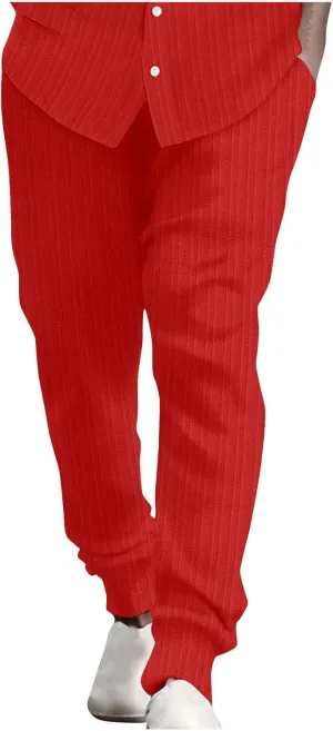 Dademeo Stripe Cotton Linen Pants for Men Comfy Breathable Casual Elastic Waist Straight Leg Pocket Business Pencil Trousers