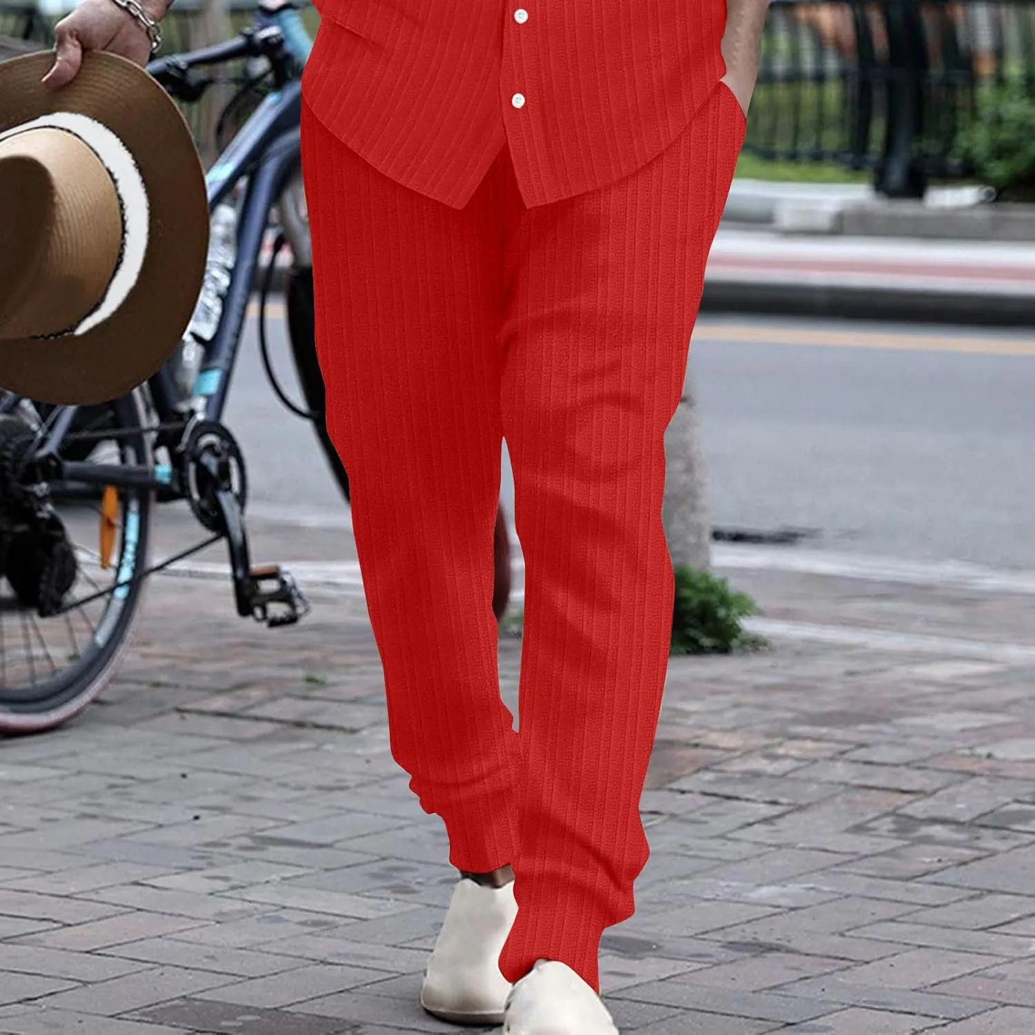 Dademeo Stripe Cotton Linen Pants for Men Comfy Breathable Casual Elastic Waist Straight Leg Pocket Business Pencil Trousers