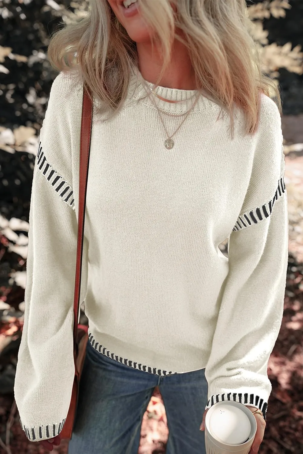 Dokotoo Sweaters for Women Fashion Solid Crewneck Loose Fit Long Sleeve Contrast Cable Knit Pullover Sweater Jumper Tops