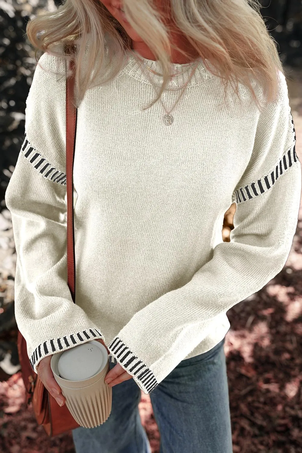 Dokotoo Sweaters for Women Fashion Solid Crewneck Loose Fit Long Sleeve Contrast Cable Knit Pullover Sweater Jumper Tops