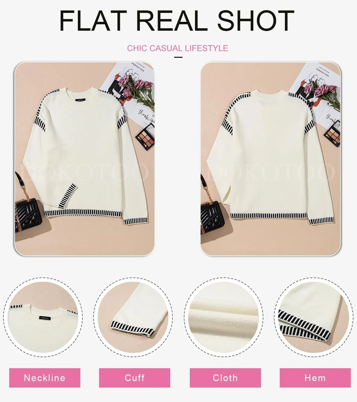 Dokotoo Sweaters for Women Fashion Solid Crewneck Loose Fit Long Sleeve Contrast Cable Knit Pullover Sweater Jumper Tops
