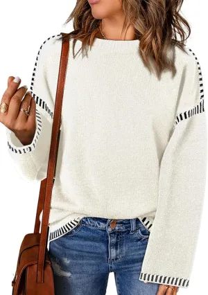 Dokotoo Sweaters for Women Fashion Solid Crewneck Loose Fit Long Sleeve Contrast Cable Knit Pullover Sweater Jumper Tops