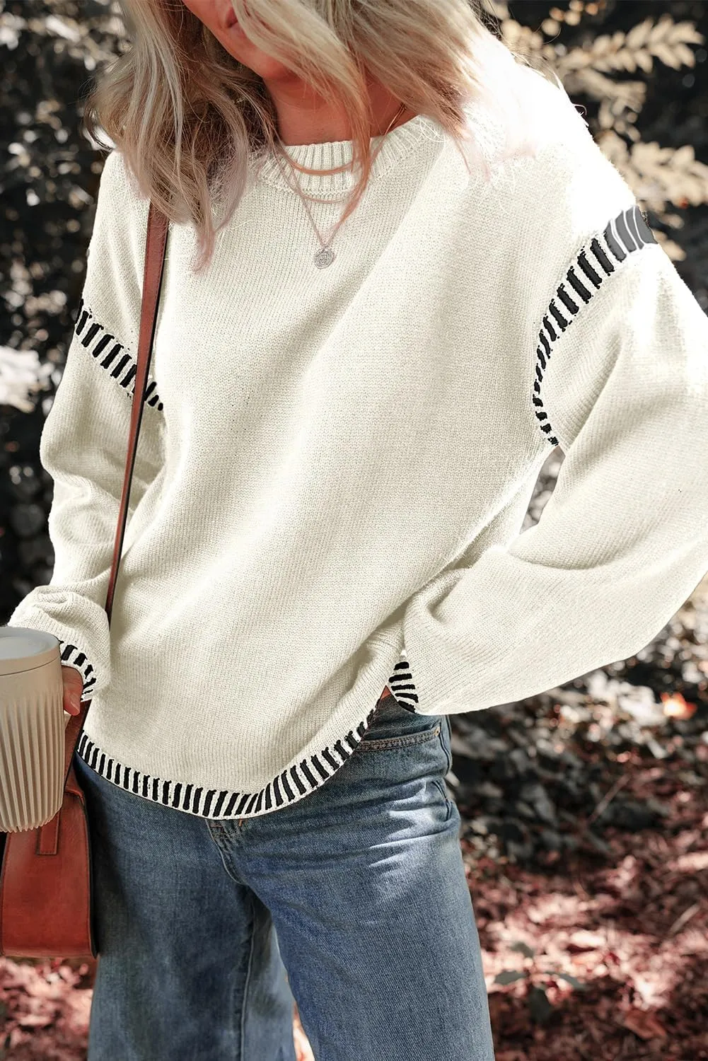 Dokotoo Sweaters for Women Fashion Solid Crewneck Loose Fit Long Sleeve Contrast Cable Knit Pullover Sweater Jumper Tops