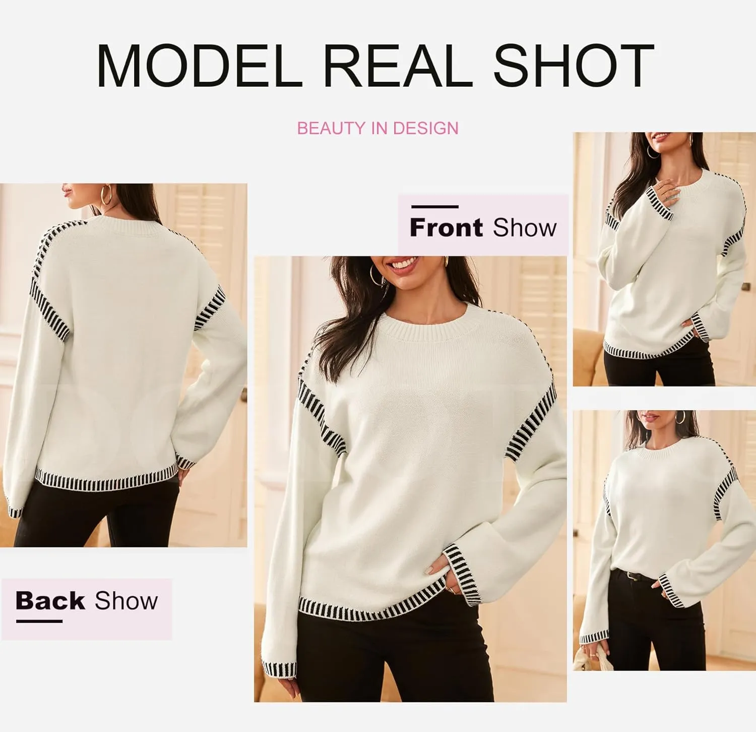 Dokotoo Sweaters for Women Fashion Solid Crewneck Loose Fit Long Sleeve Contrast Cable Knit Pullover Sweater Jumper Tops