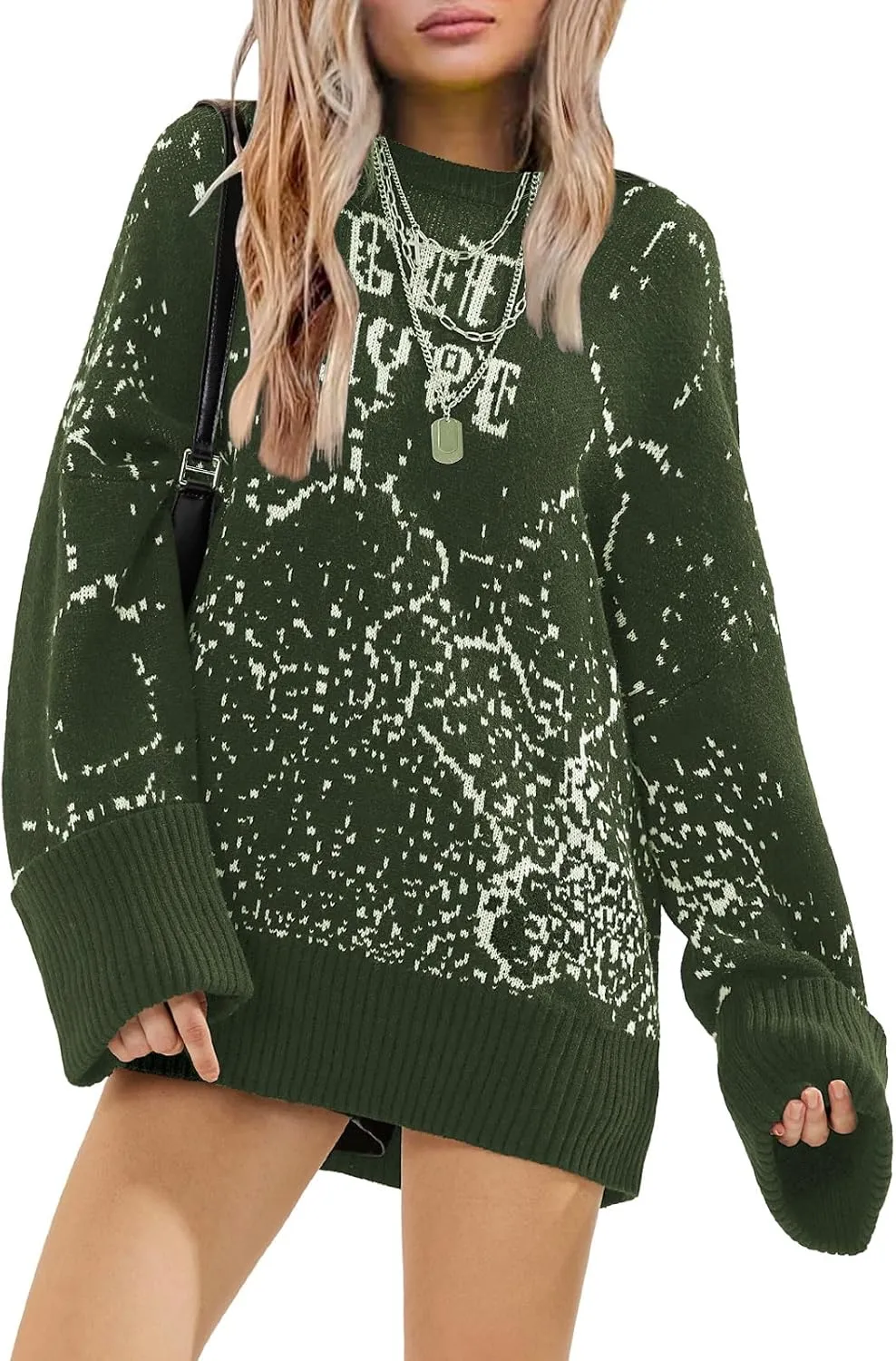 EXLURA Womens 2024 Oversized Graphic Leopard Print Long Sleeve Sweaters Chunky Knit Pullover Tops Fall Winter Y2K Sweater