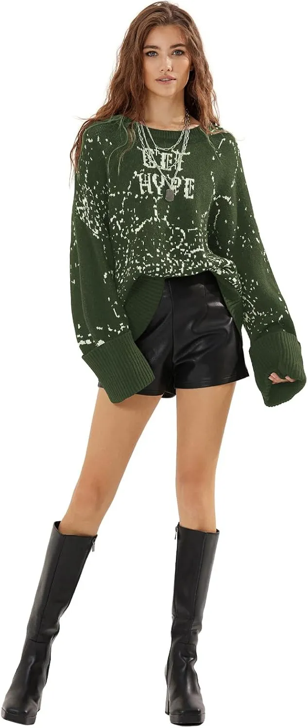 EXLURA Womens 2024 Oversized Graphic Leopard Print Long Sleeve Sweaters Chunky Knit Pullover Tops Fall Winter Y2K Sweater