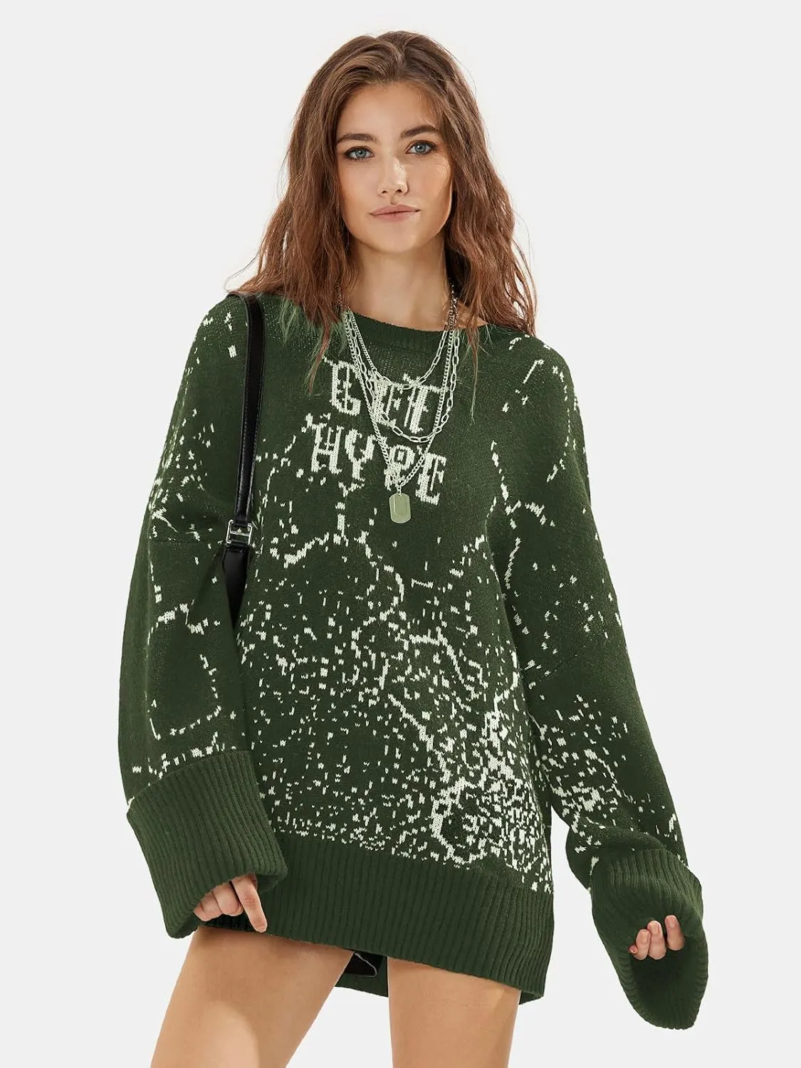 EXLURA Womens 2024 Oversized Graphic Leopard Print Long Sleeve Sweaters Chunky Knit Pullover Tops Fall Winter Y2K Sweater