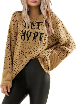 EXLURA Womens 2024 Oversized Graphic Leopard Print Long Sleeve Sweaters Chunky Knit Pullover Tops Fall Winter Y2K Sweater