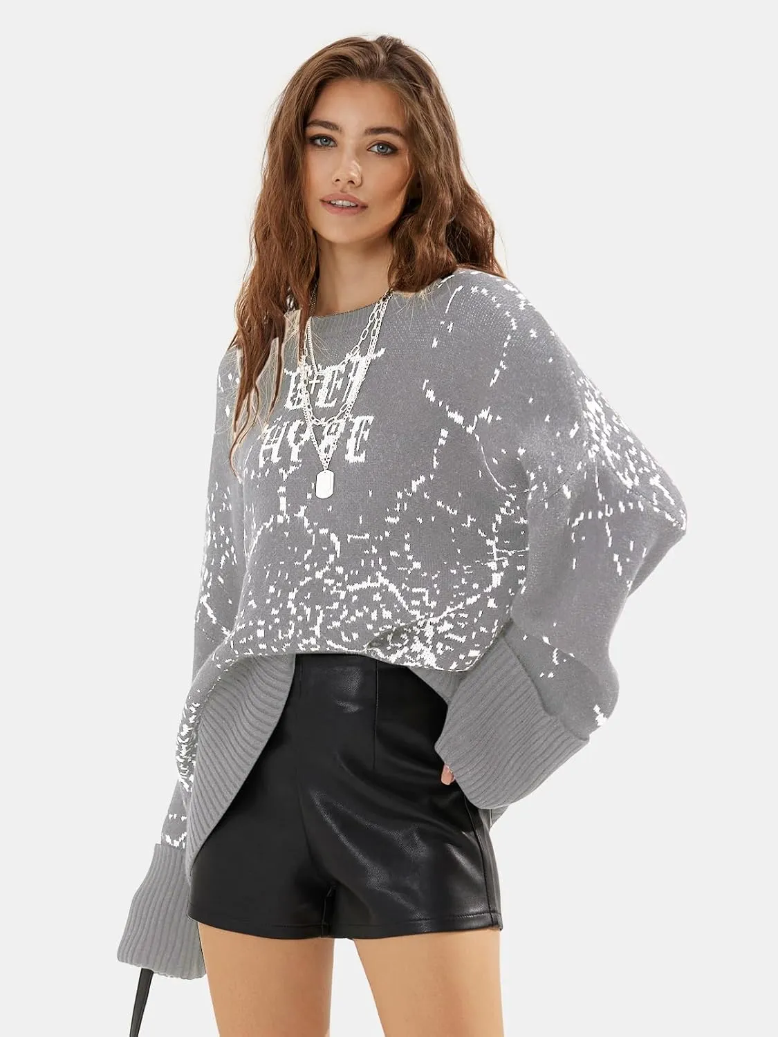 EXLURA Womens 2024 Oversized Graphic Leopard Print Long Sleeve Sweaters Chunky Knit Pullover Tops Fall Winter Y2K Sweater