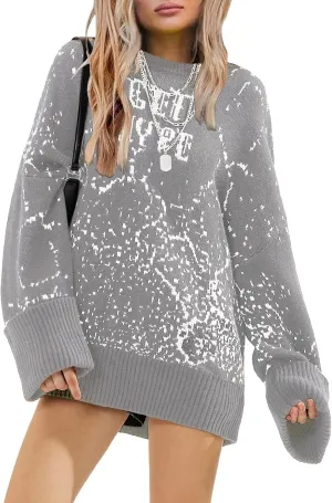 EXLURA Womens 2024 Oversized Graphic Leopard Print Long Sleeve Sweaters Chunky Knit Pullover Tops Fall Winter Y2K Sweater