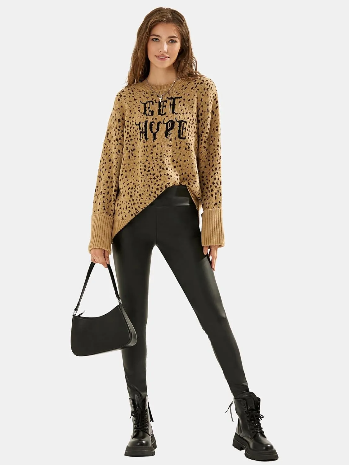 EXLURA Womens 2024 Oversized Graphic Leopard Print Long Sleeve Sweaters Chunky Knit Pullover Tops Fall Winter Y2K Sweater