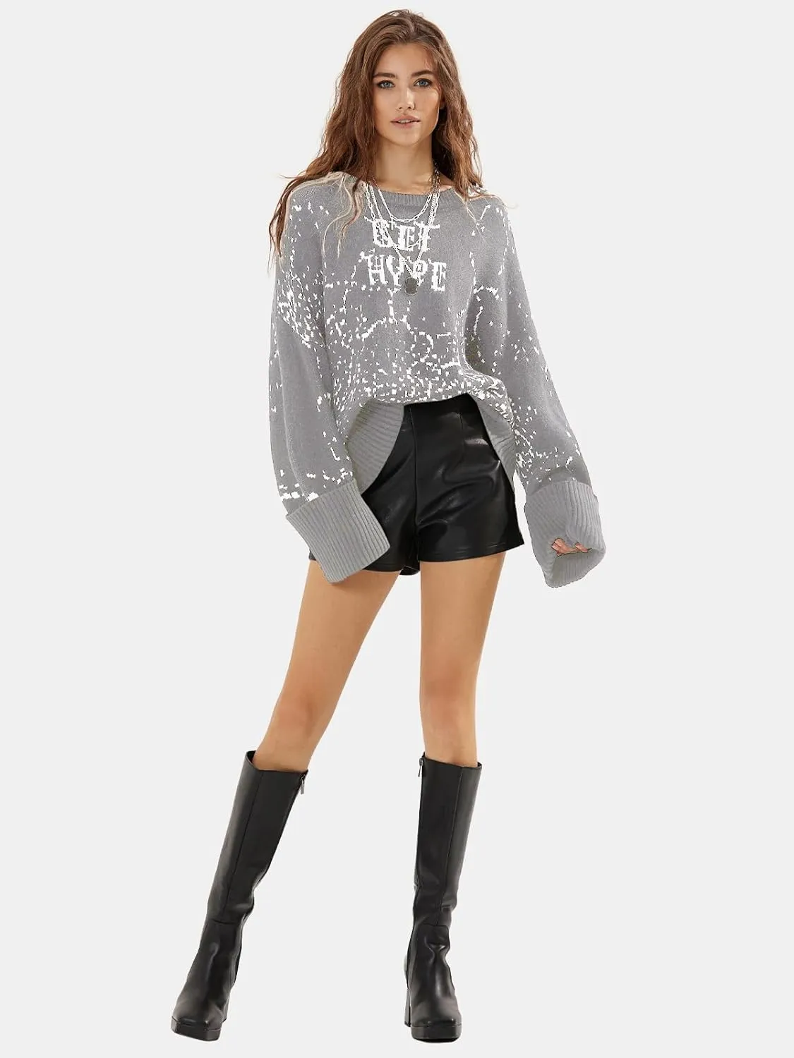 EXLURA Womens 2024 Oversized Graphic Leopard Print Long Sleeve Sweaters Chunky Knit Pullover Tops Fall Winter Y2K Sweater