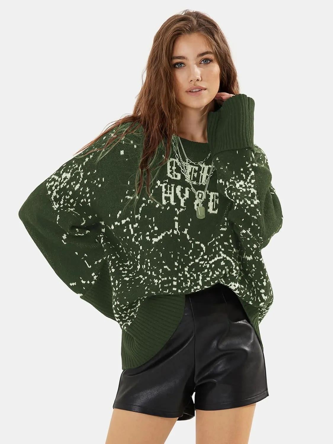 EXLURA Womens 2024 Oversized Graphic Leopard Print Long Sleeve Sweaters Chunky Knit Pullover Tops Fall Winter Y2K Sweater