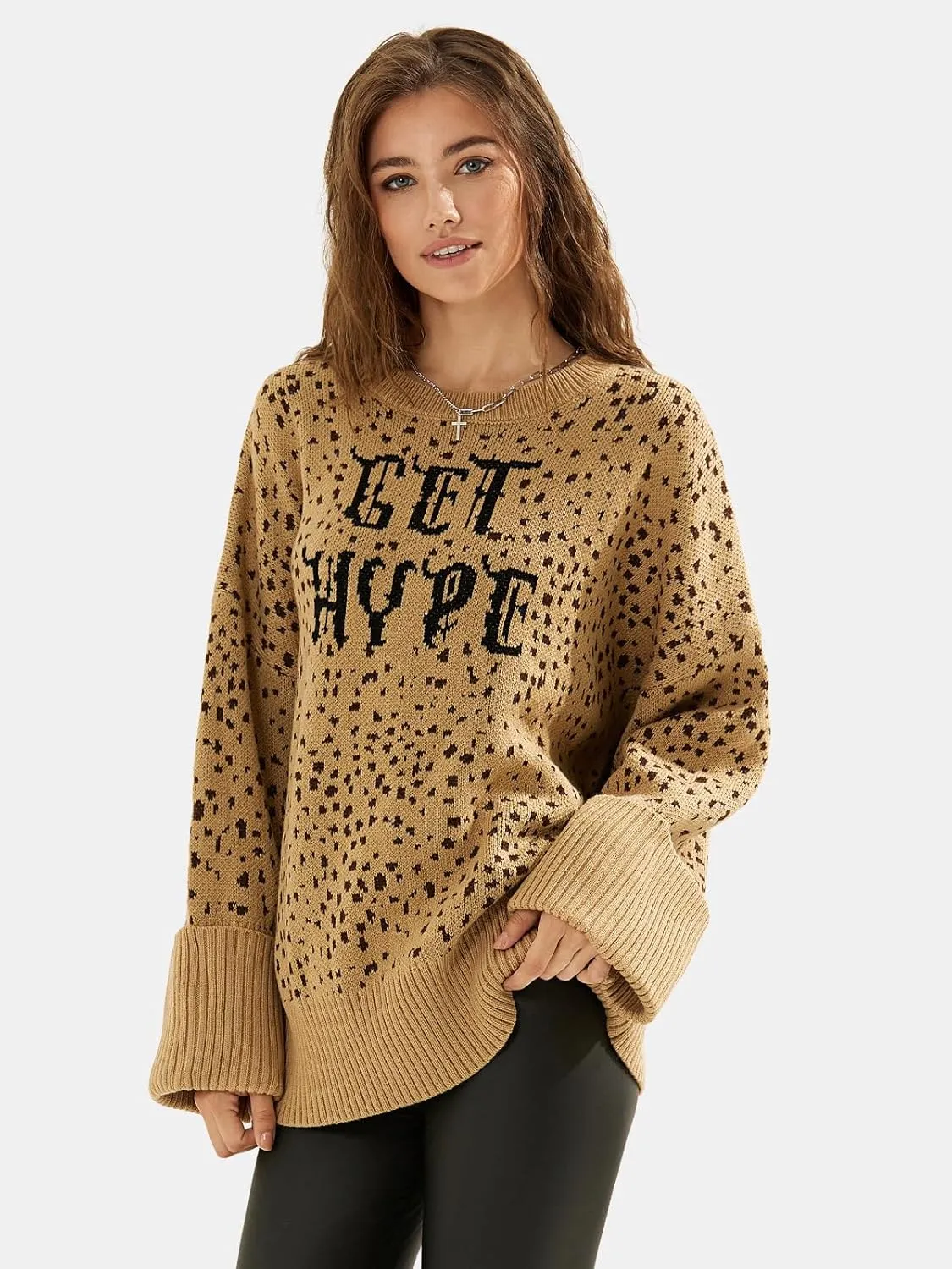 EXLURA Womens 2024 Oversized Graphic Leopard Print Long Sleeve Sweaters Chunky Knit Pullover Tops Fall Winter Y2K Sweater