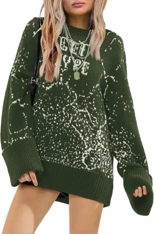 EXLURA Womens 2024 Oversized Graphic Leopard Print Long Sleeve Sweaters Chunky Knit Pullover Tops Fall Winter Y2K Sweater