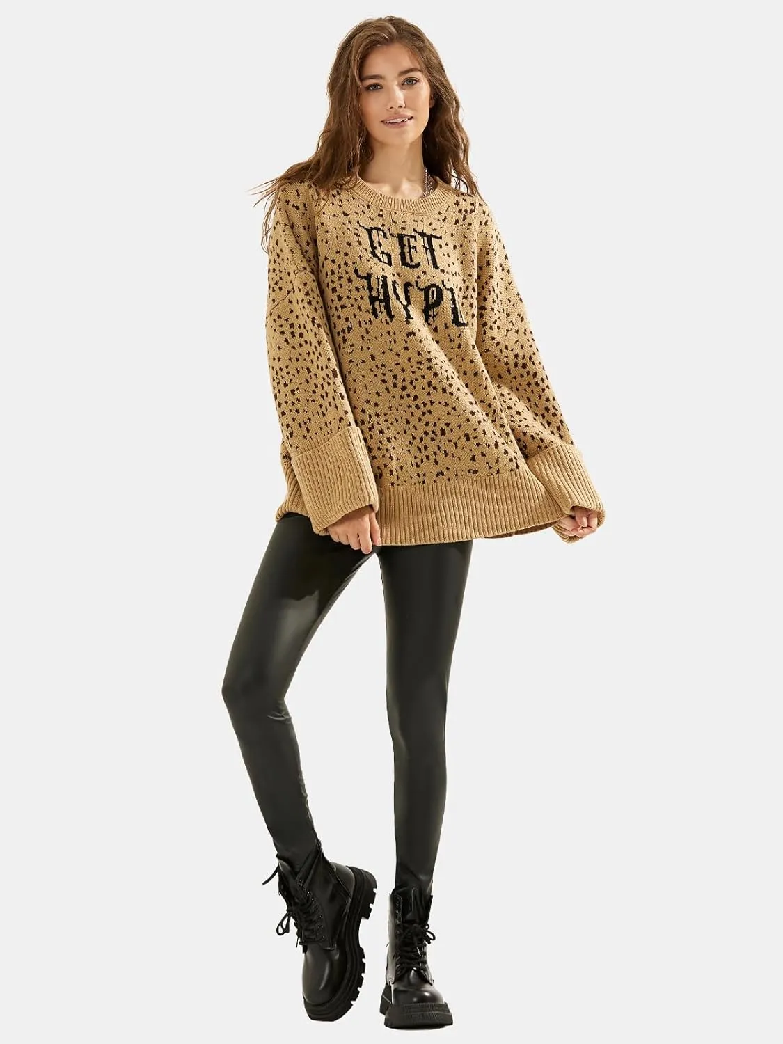 EXLURA Womens 2024 Oversized Graphic Leopard Print Long Sleeve Sweaters Chunky Knit Pullover Tops Fall Winter Y2K Sweater