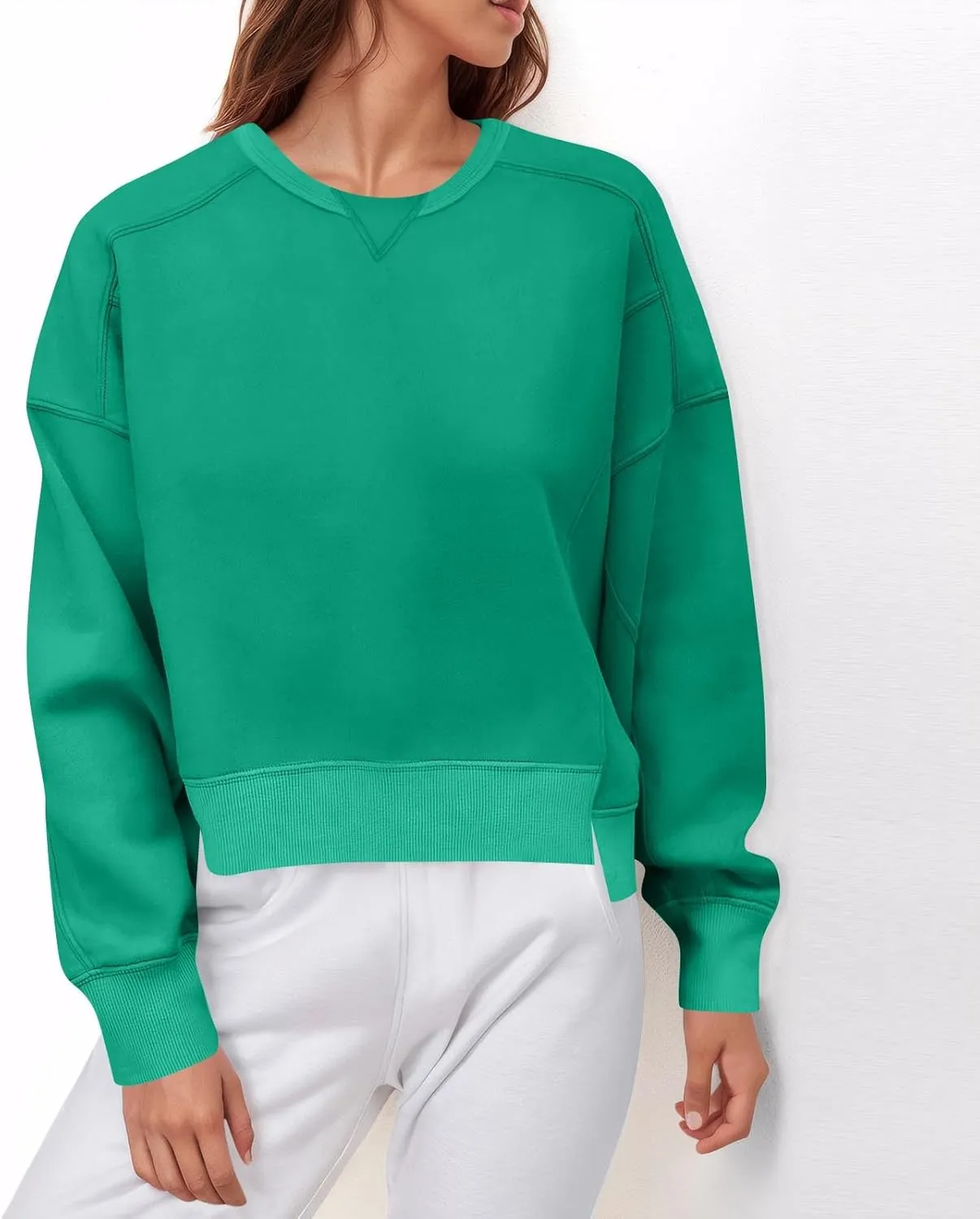 Fall Crew Neck Sweatshirts Women Solid Pullover Cropped Sweatshirt Long Sleeve Winter Side Split Sweaters Trendy 2024