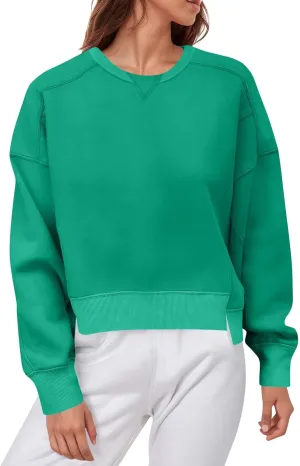 Fall Crew Neck Sweatshirts Women Solid Pullover Cropped Sweatshirt Long Sleeve Winter Side Split Sweaters Trendy 2024