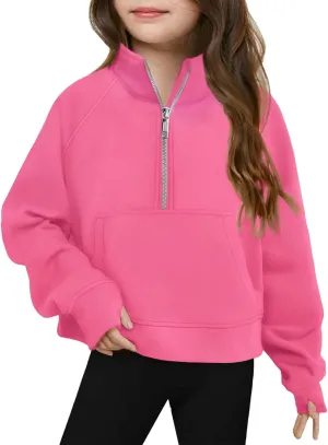 Girls Half Zip Cropped Sweatshirts Long Sleeve Pullover Crop Tops Kids Girls Trendy Preppy Sweatshirt with Thumb Hole