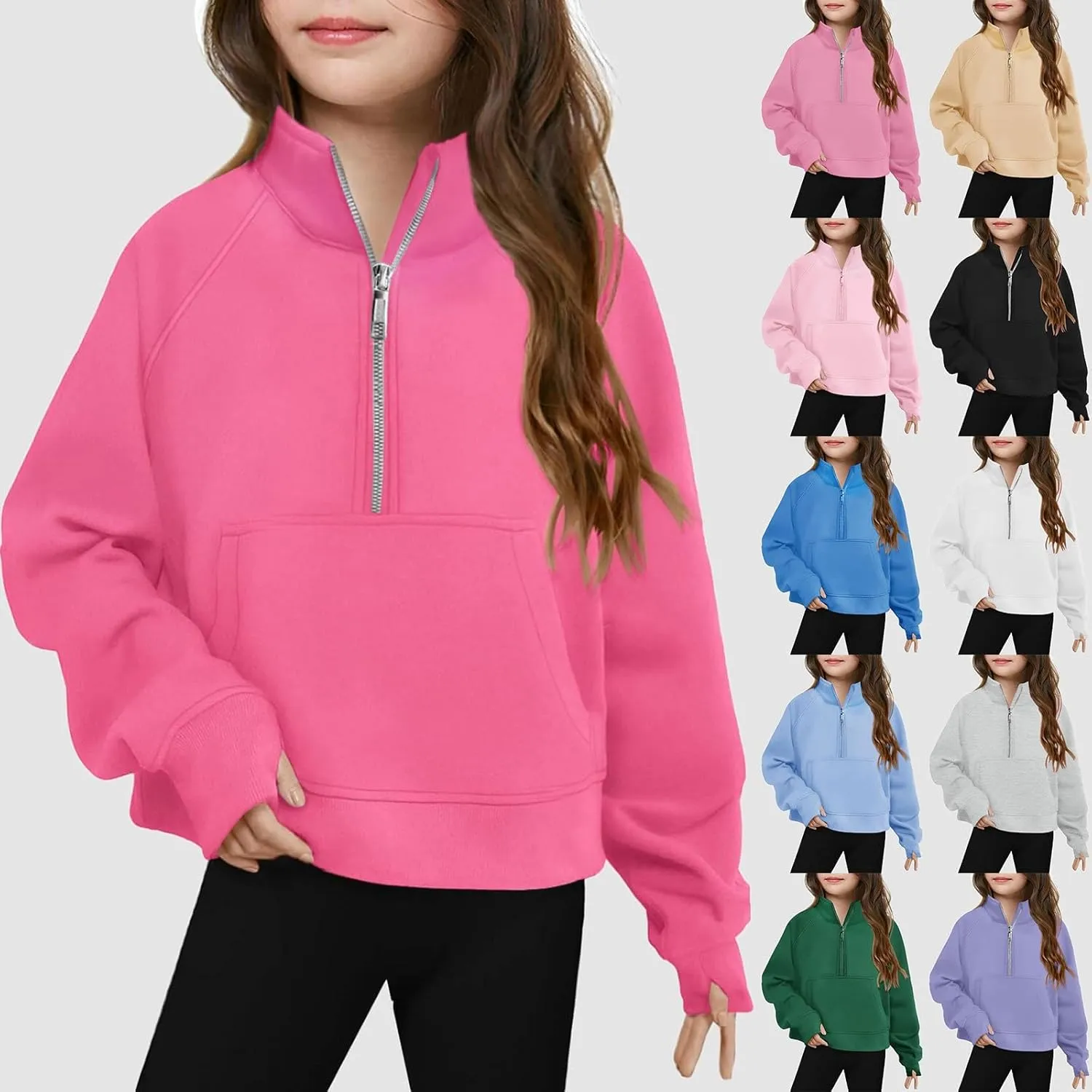 Girls Half Zip Cropped Sweatshirts Long Sleeve Pullover Crop Tops Kids Girls Trendy Preppy Sweatshirt with Thumb Hole