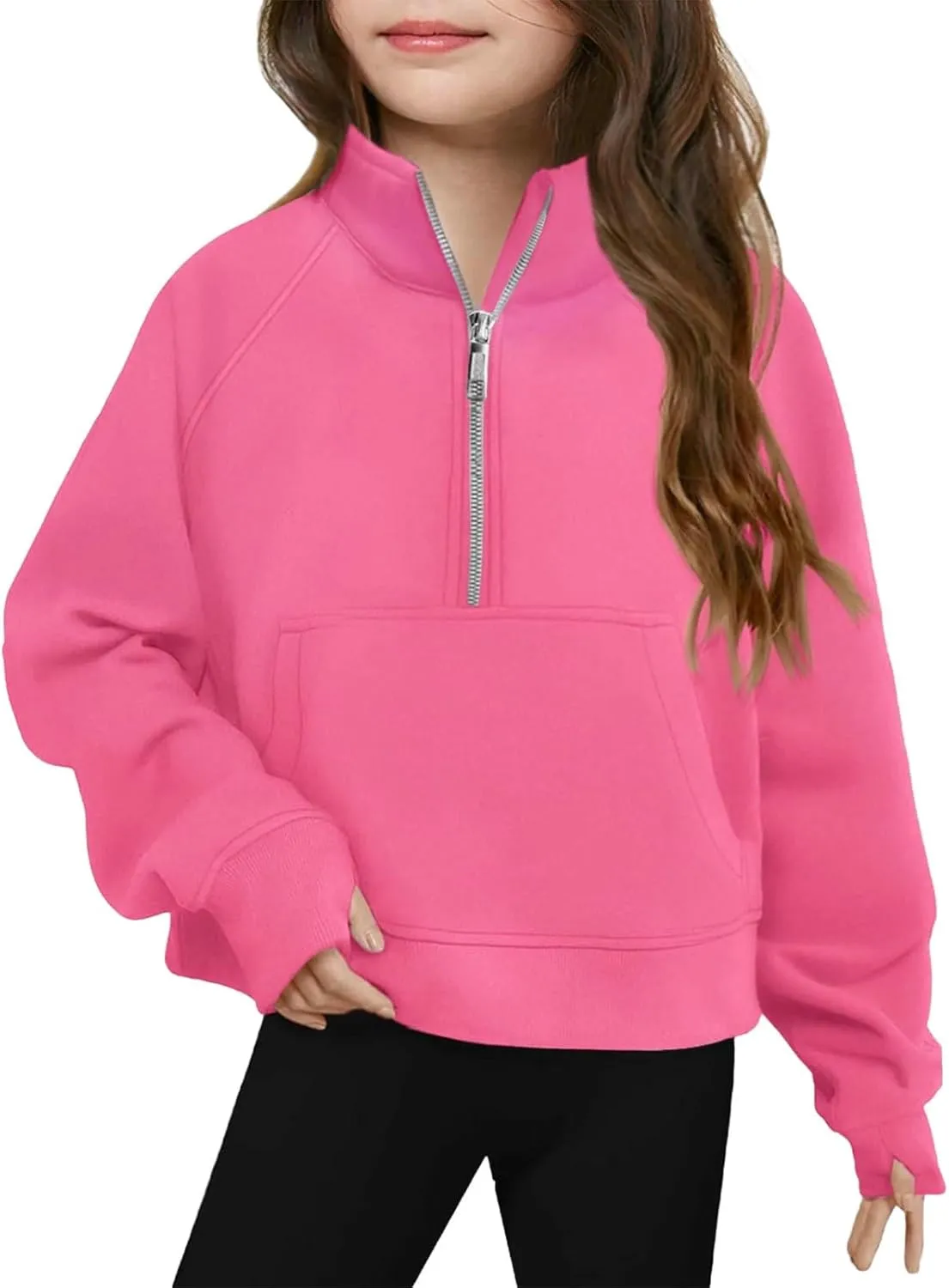 Girls Half Zip Cropped Sweatshirts Long Sleeve Pullover Crop Tops Kids Girls Trendy Preppy Sweatshirt with Thumb Hole