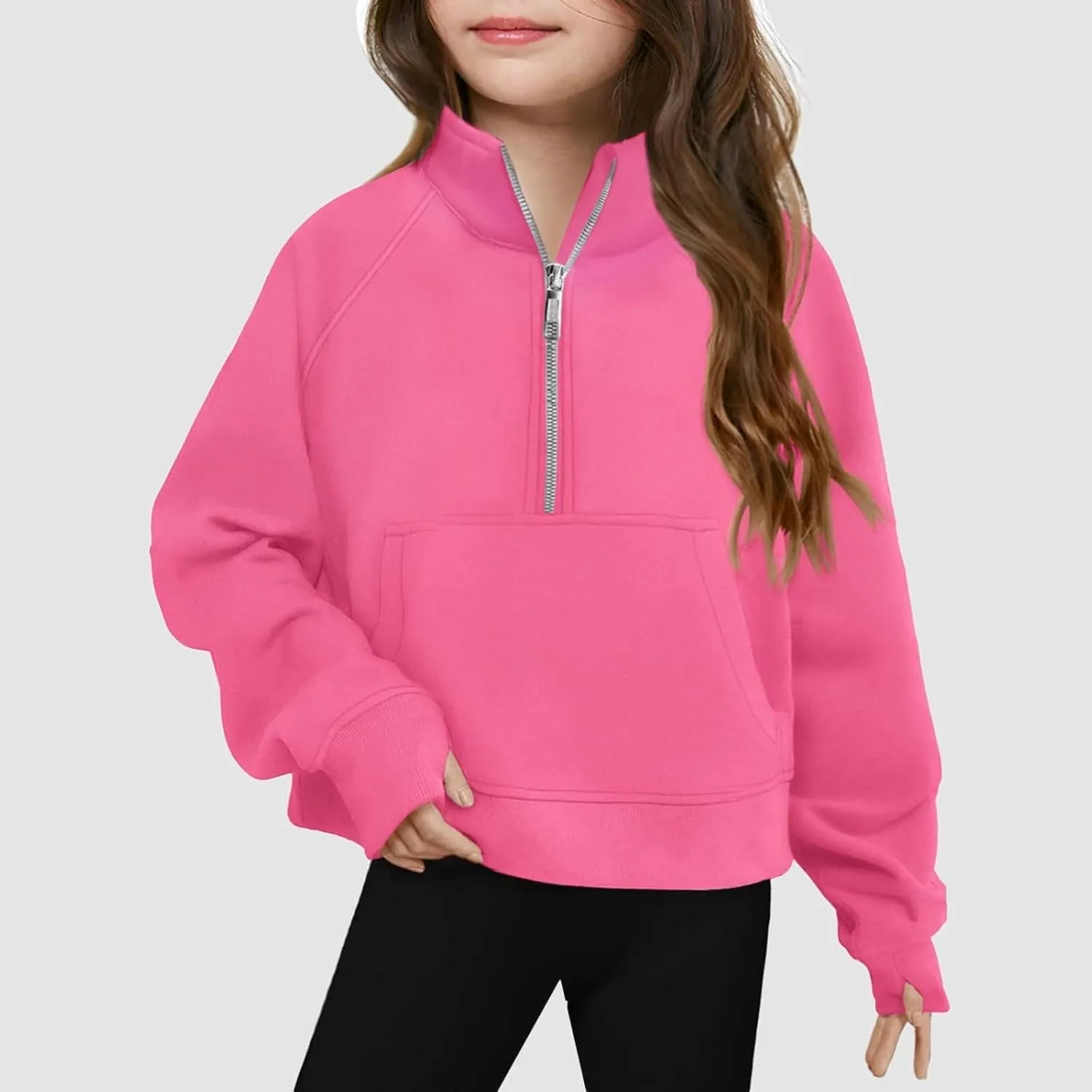 Girls Half Zip Cropped Sweatshirts Long Sleeve Pullover Crop Tops Kids Girls Trendy Preppy Sweatshirt with Thumb Hole