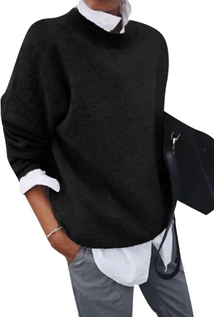 GORIFE Women's Winter Loose Sweaters Lapel Collar 2 in 1 Style Blouse Solid Long Sleeve Pullovers