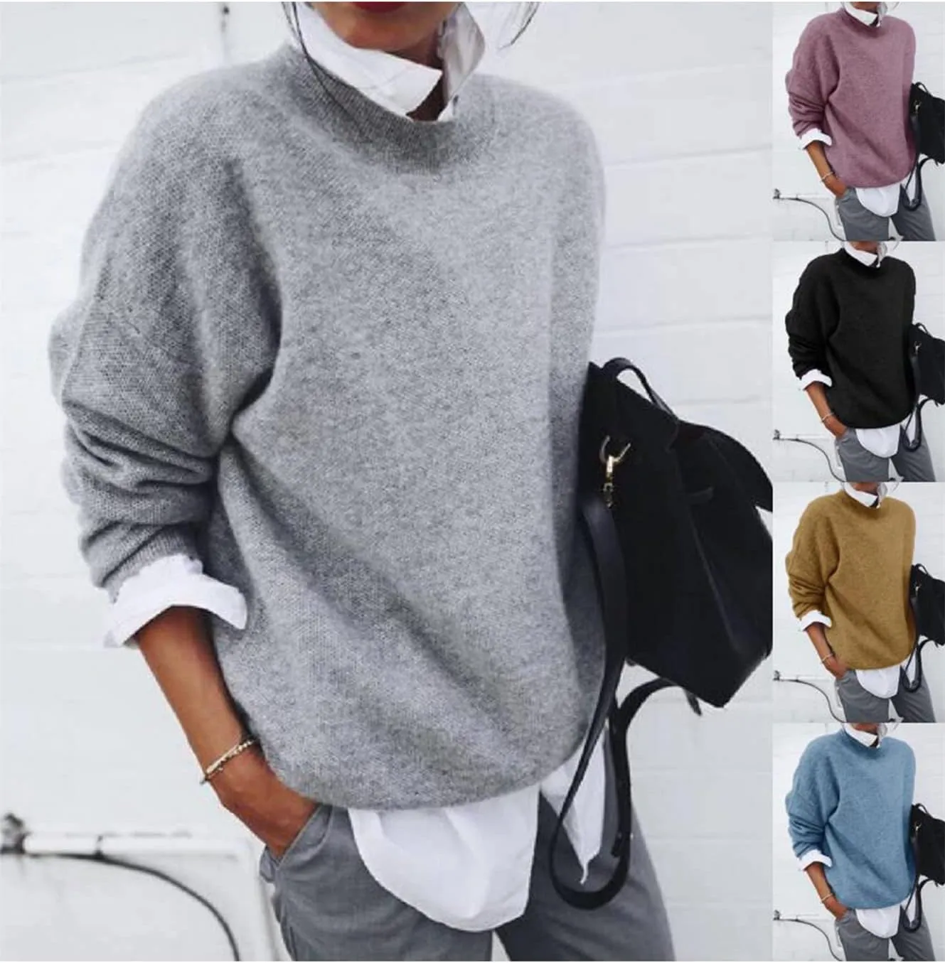 GORIFE Women's Winter Loose Sweaters Lapel Collar 2 in 1 Style Blouse Solid Long Sleeve Pullovers