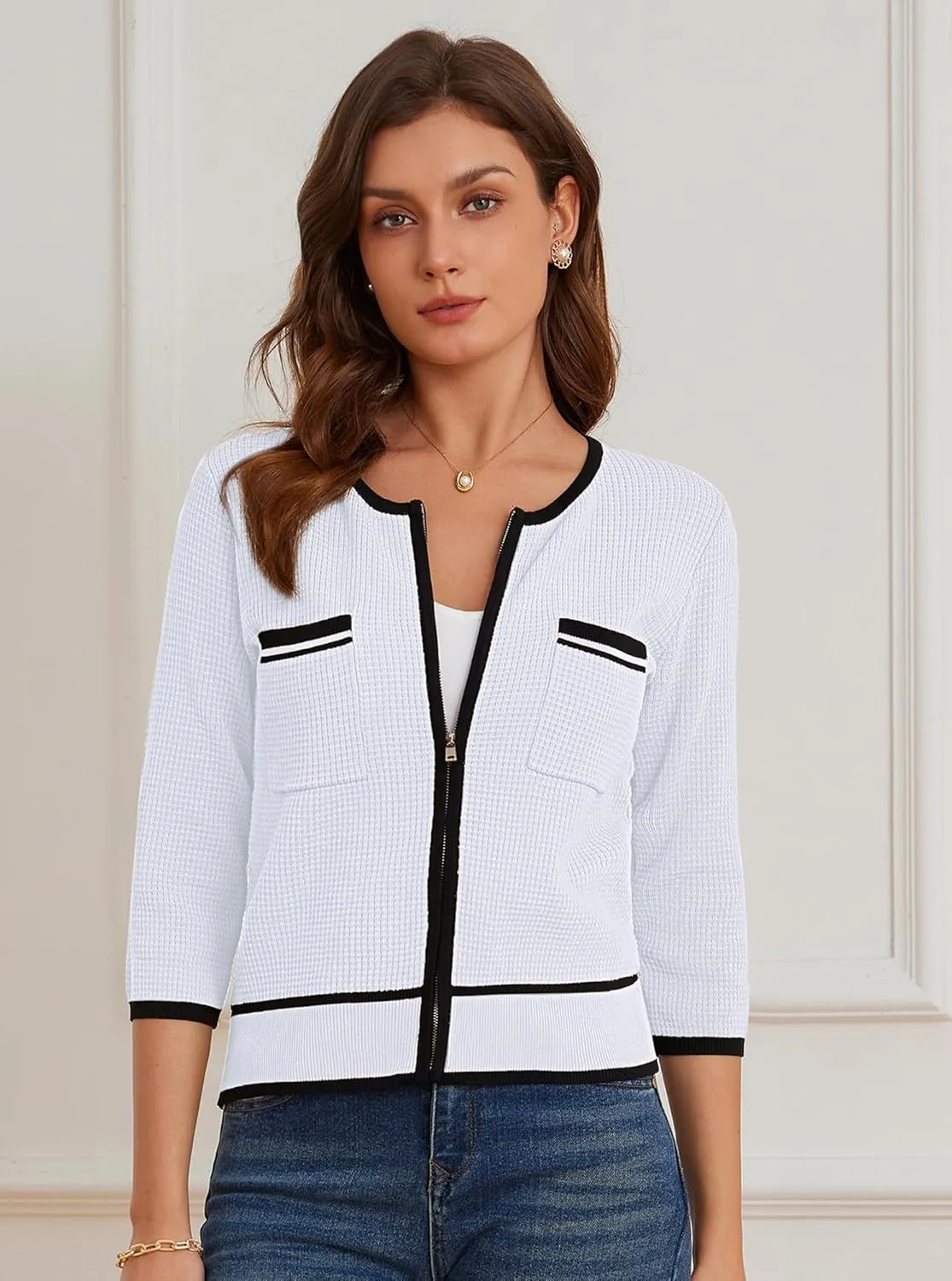 GRACE KARIN Women's 2024 Contrast Color Block Cardigan 3/4 Sleeve Cropped Sweaters Trendy Zip Up Knit Shrug with Pocket