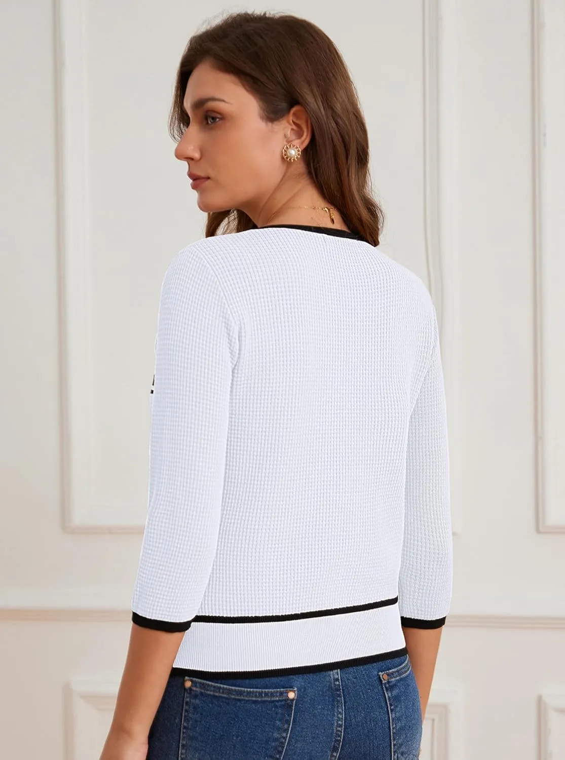 GRACE KARIN Women's 2024 Contrast Color Block Cardigan 3/4 Sleeve Cropped Sweaters Trendy Zip Up Knit Shrug with Pocket