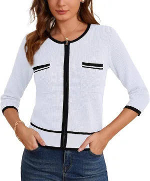GRACE KARIN Women's 2024 Contrast Color Block Cardigan 3/4 Sleeve Cropped Sweaters Trendy Zip Up Knit Shrug with Pocket