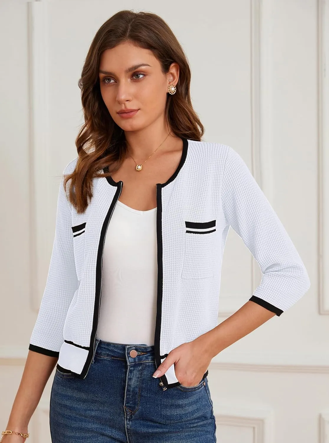 GRACE KARIN Women's 2024 Contrast Color Block Cardigan 3/4 Sleeve Cropped Sweaters Trendy Zip Up Knit Shrug with Pocket