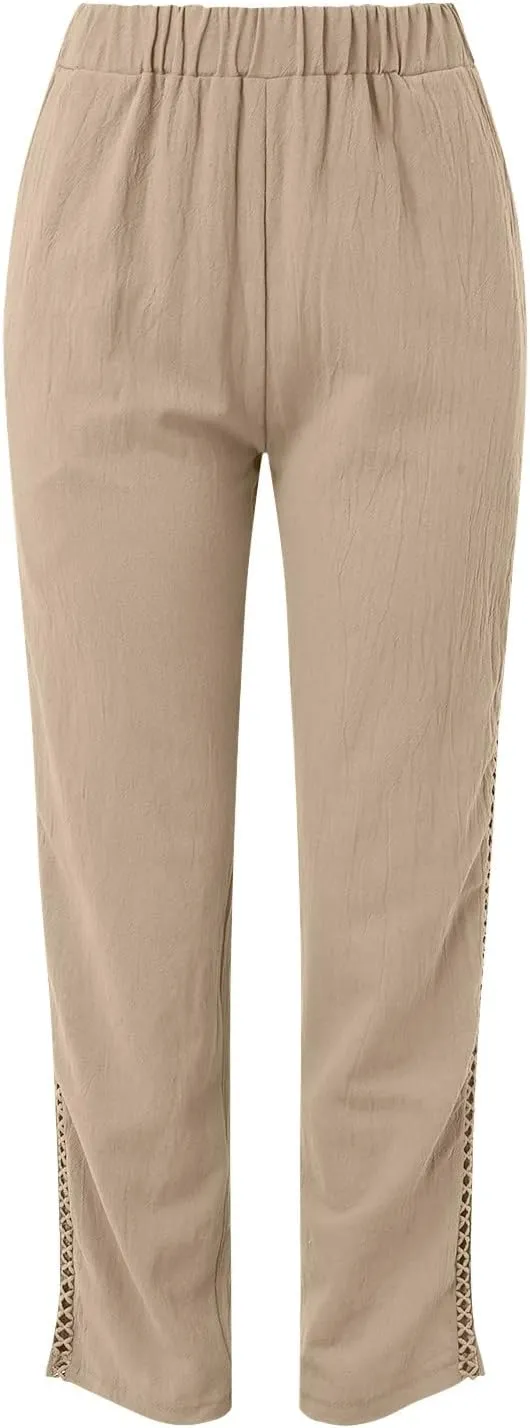 Harem Sexy Elastic Waist Pants for Women Cutout Casual Linen Pants Cotton Linen Loose Fitting Womens Pants for Summer
